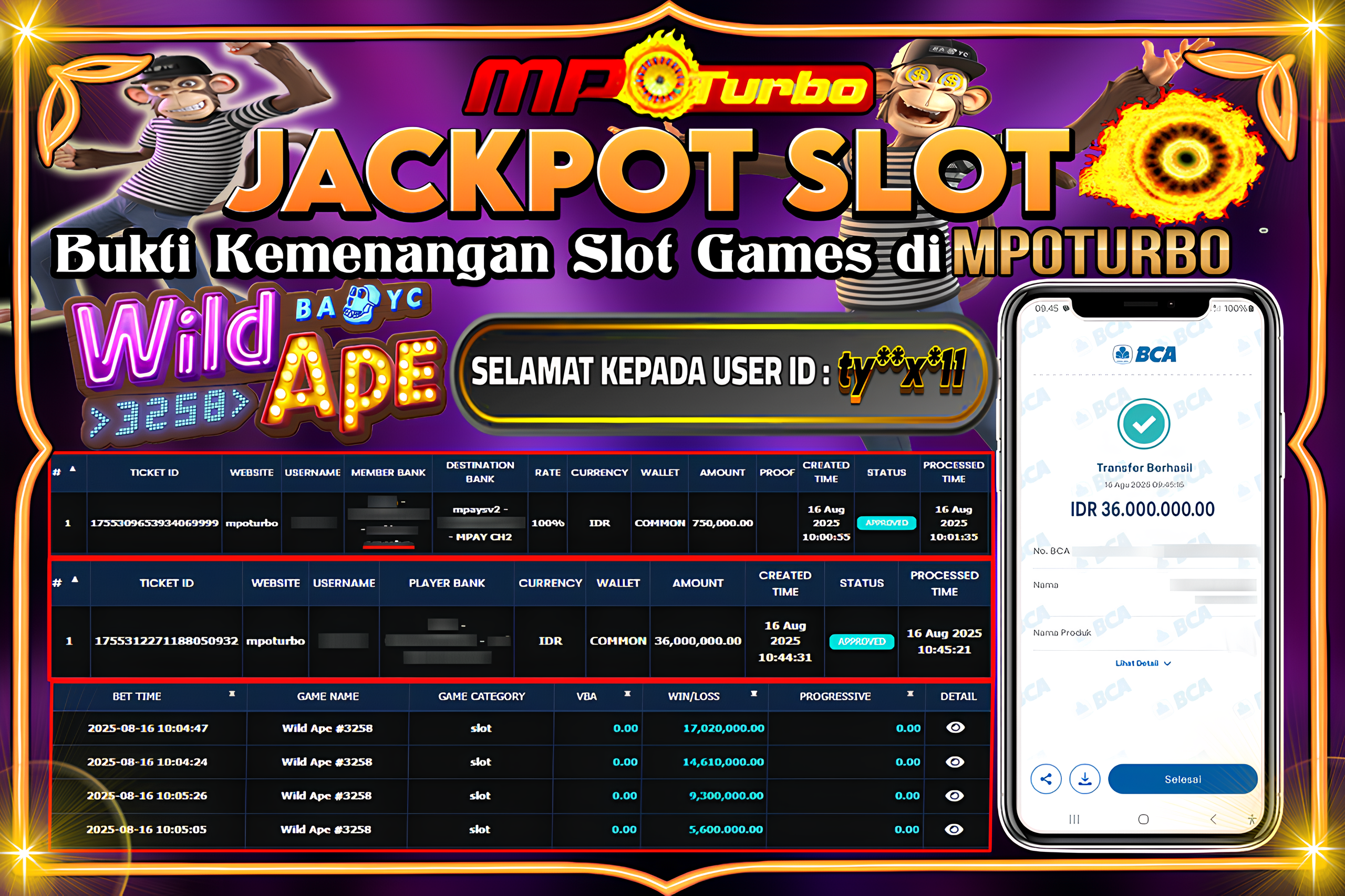 MPOTURBO JACKPOT SLOT WILD APE  #3258  Rp 36.000.000.00,- LUNAS
